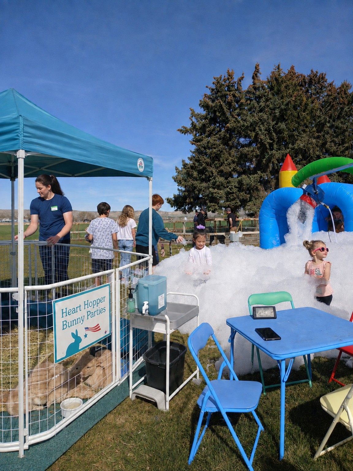 The complete Heart Hopper Bunny Party with rabbits, foam party, and bouncy house