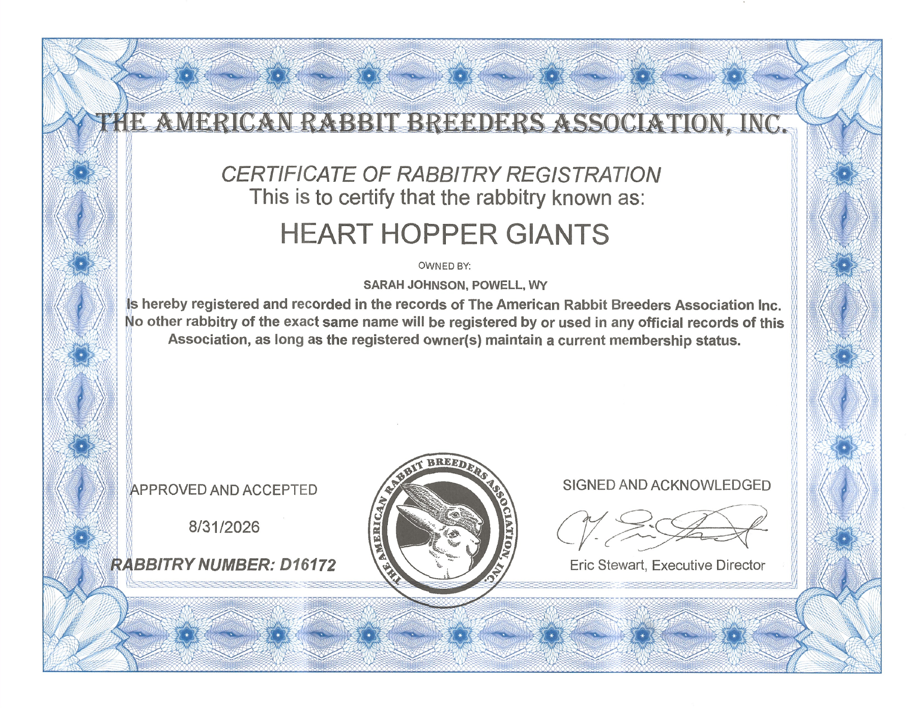 Heart Hopper Giants ARBA Certificate of Rabbitry Registration, approved August 31, 2026, rabbitry number D16172.