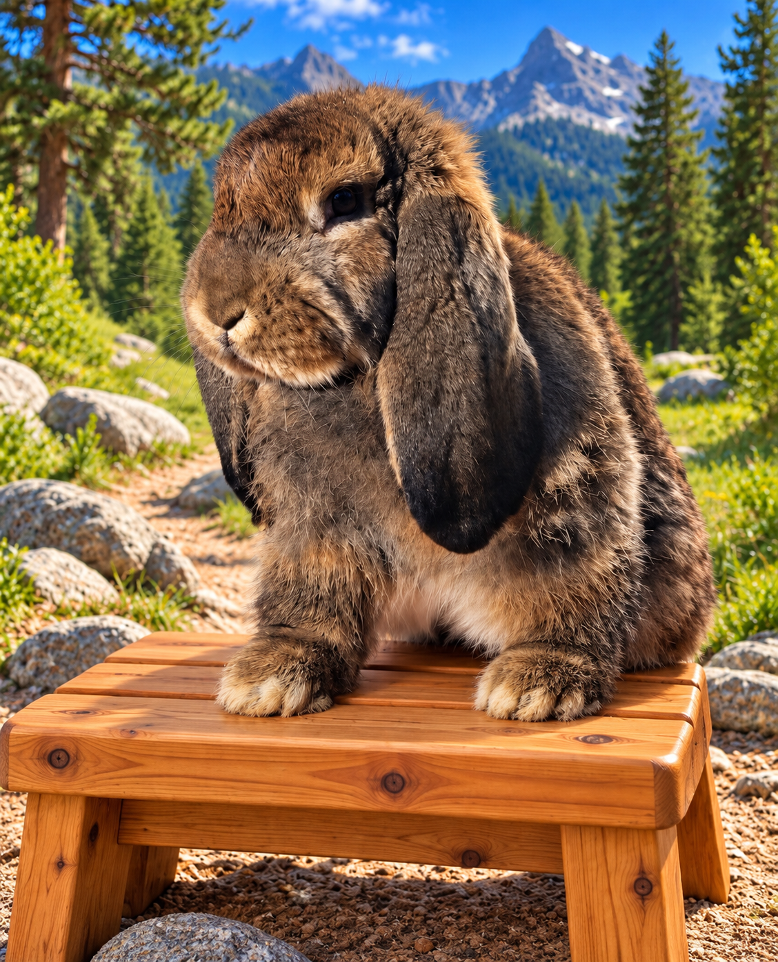 Popcorn, a brown French Lop, with both paws resting on a rustic wooden stool against a mountain woodland backdrop