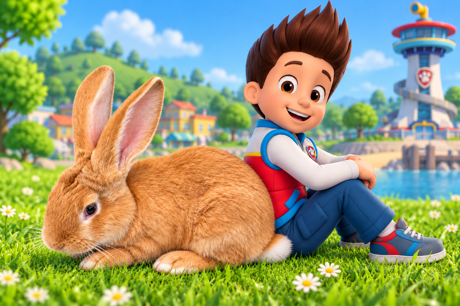 Ryder, our fawn Flemish Giant, sitting back to back with his animated namesake in a cheerful park